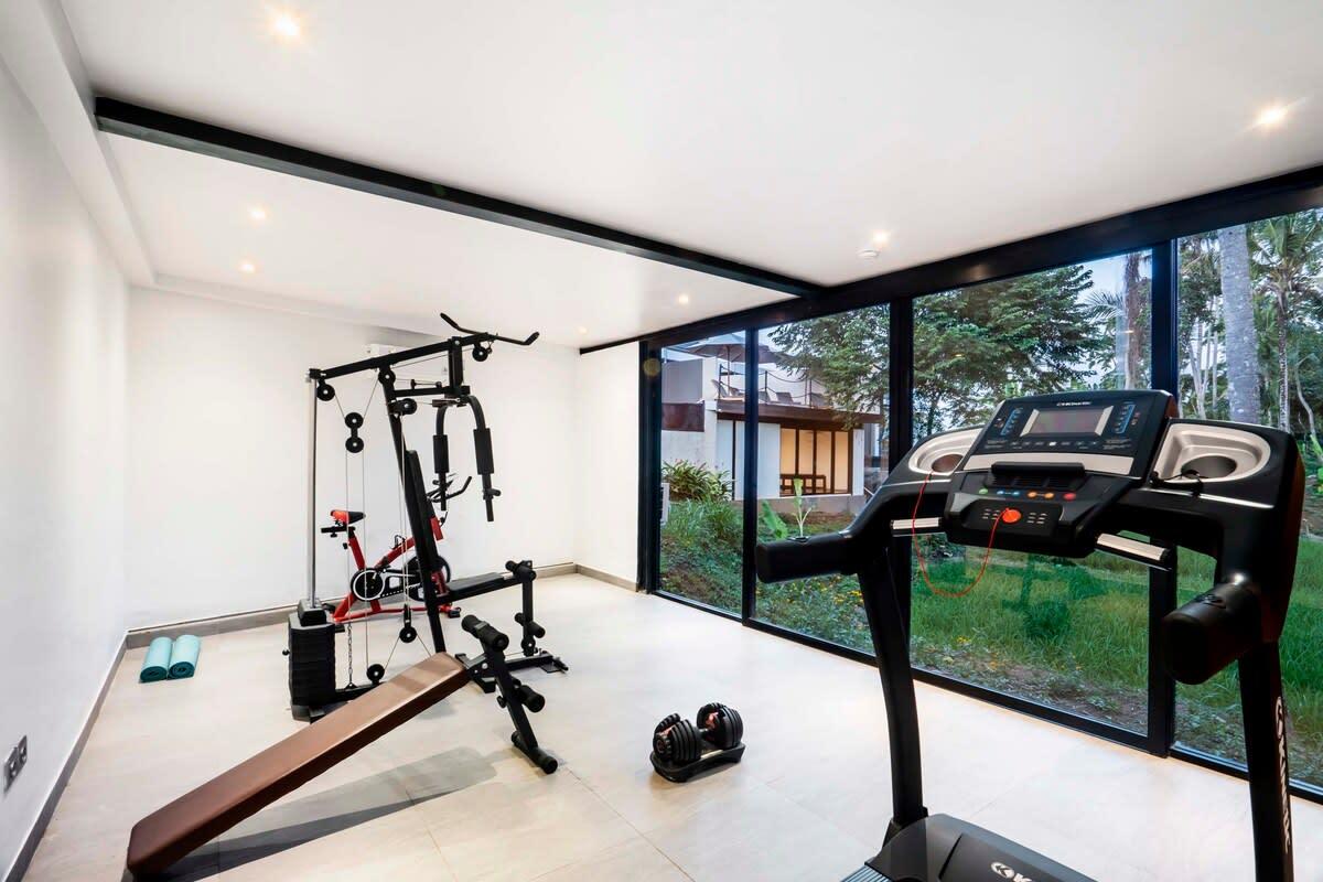 Equipped gym room with a garden view 