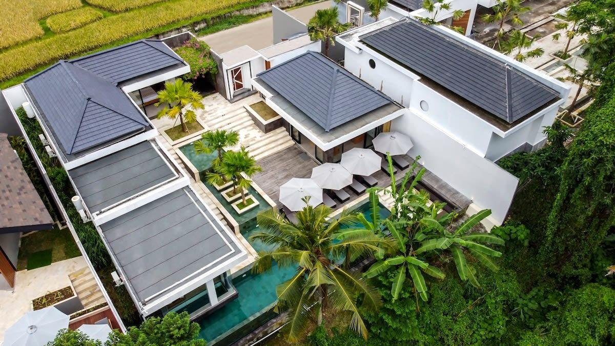 Drone view looking down the entire villa 