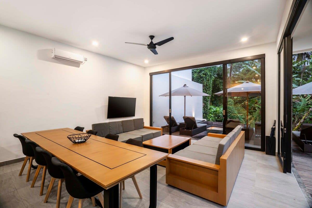 Wooden and modern dining and living area 