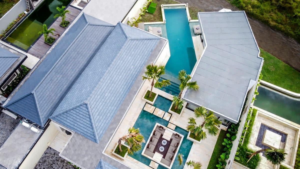 Drone view looking down at the villa 