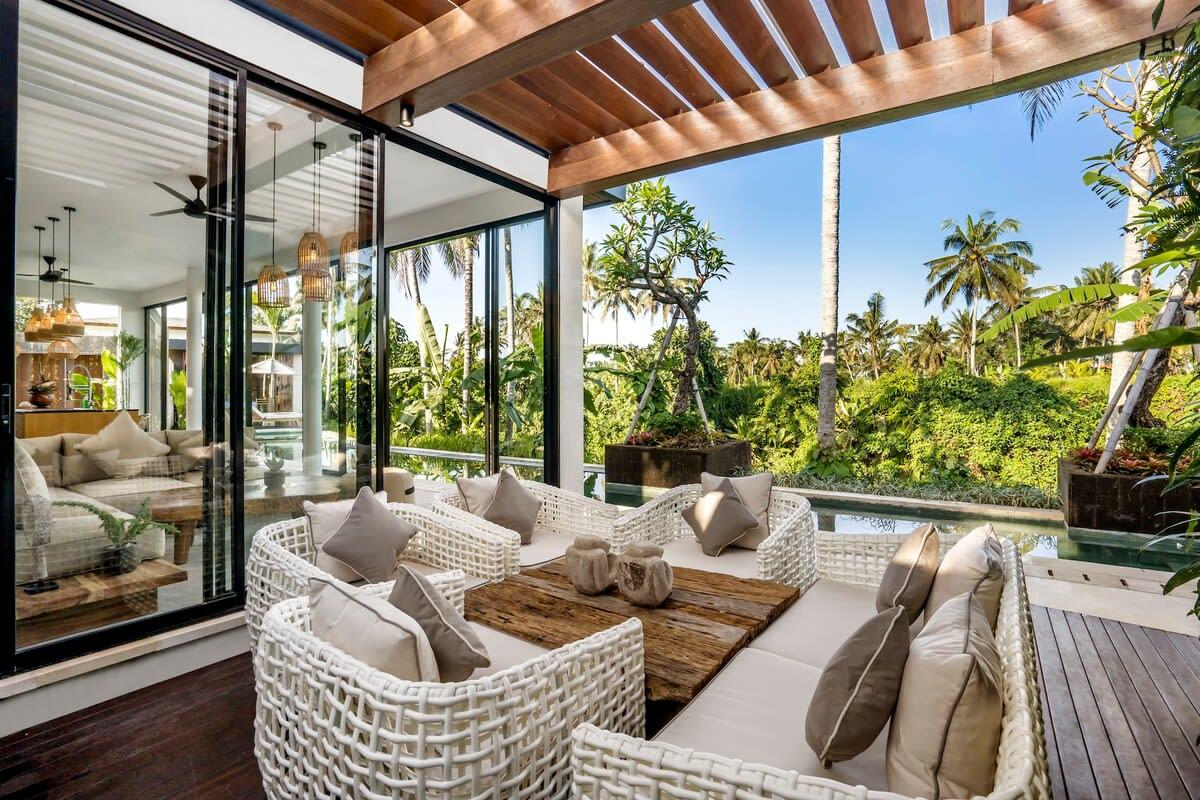 Outside sitting area overlooking the rice fields 