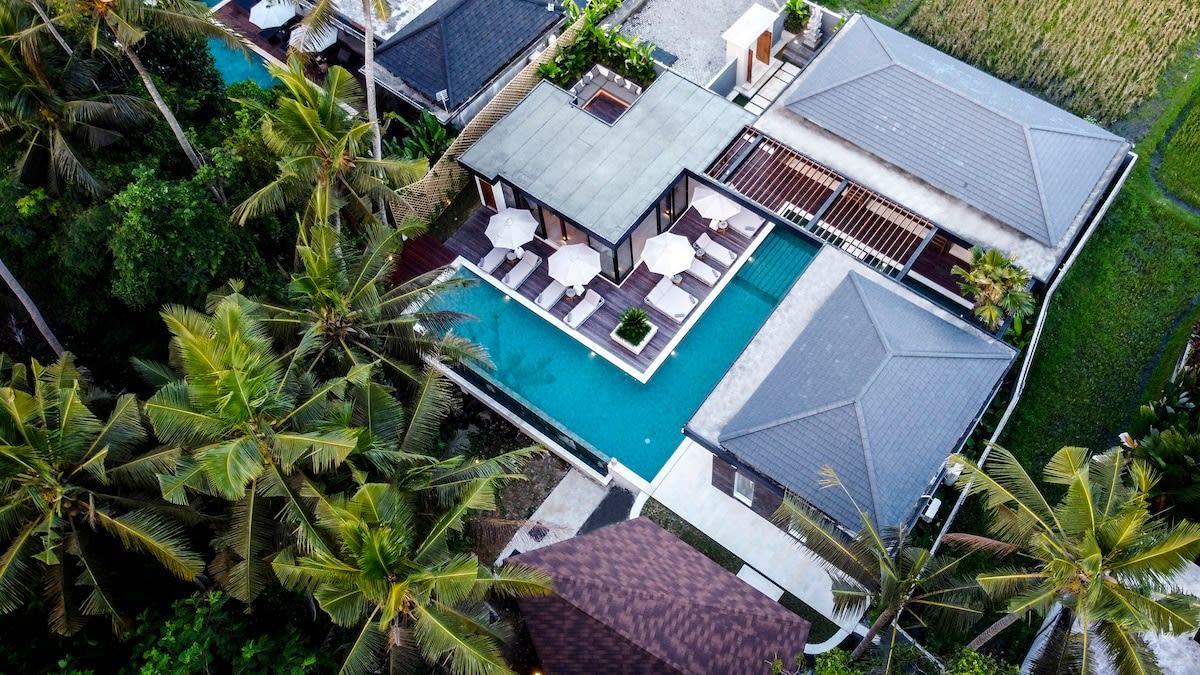 Drone view of the villa and its jungle surroundings 