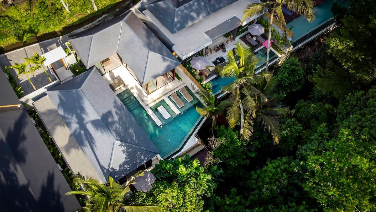 Drone view of the villa and its jungle surroundings 