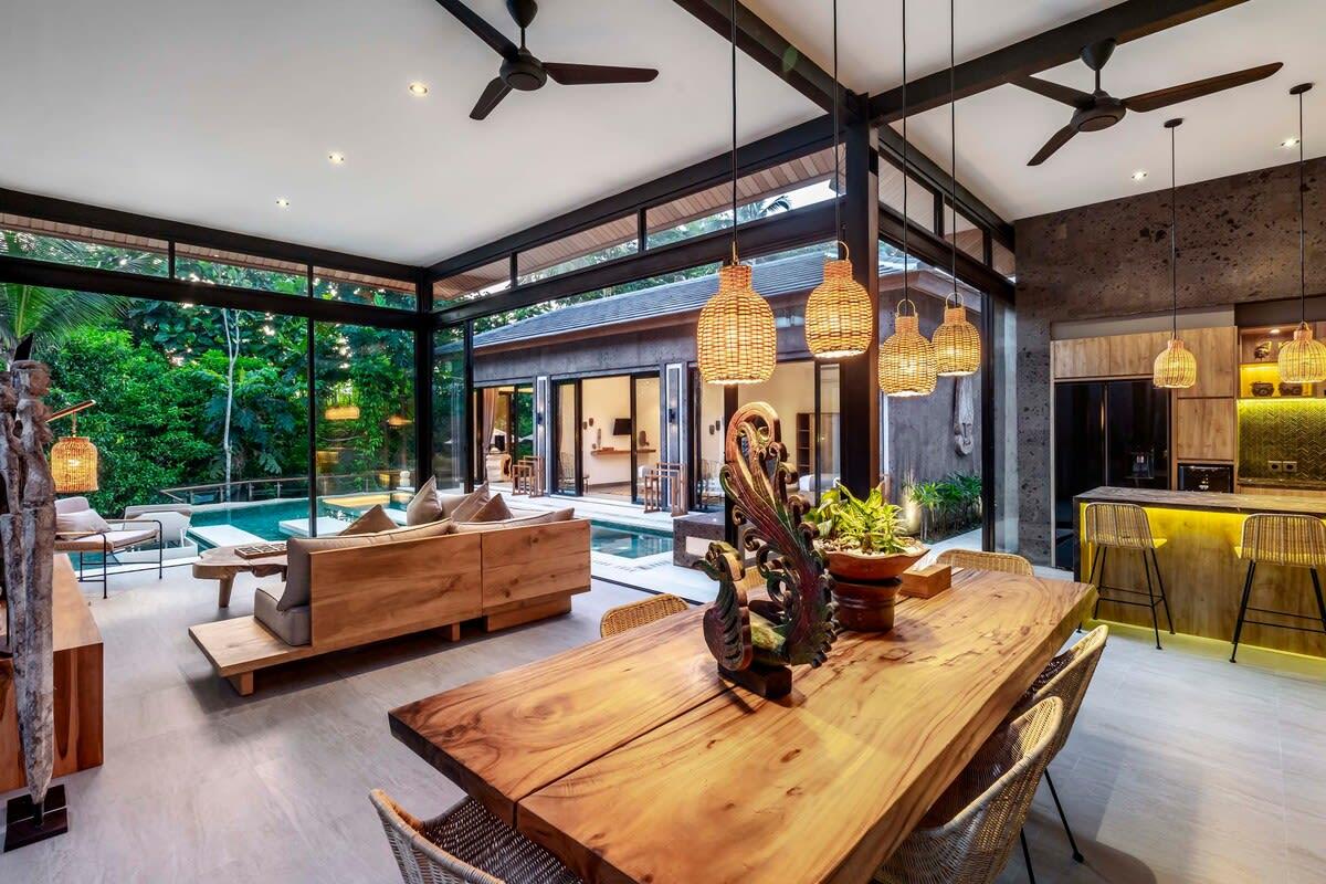 Illuminated inside kitchen and dining area 