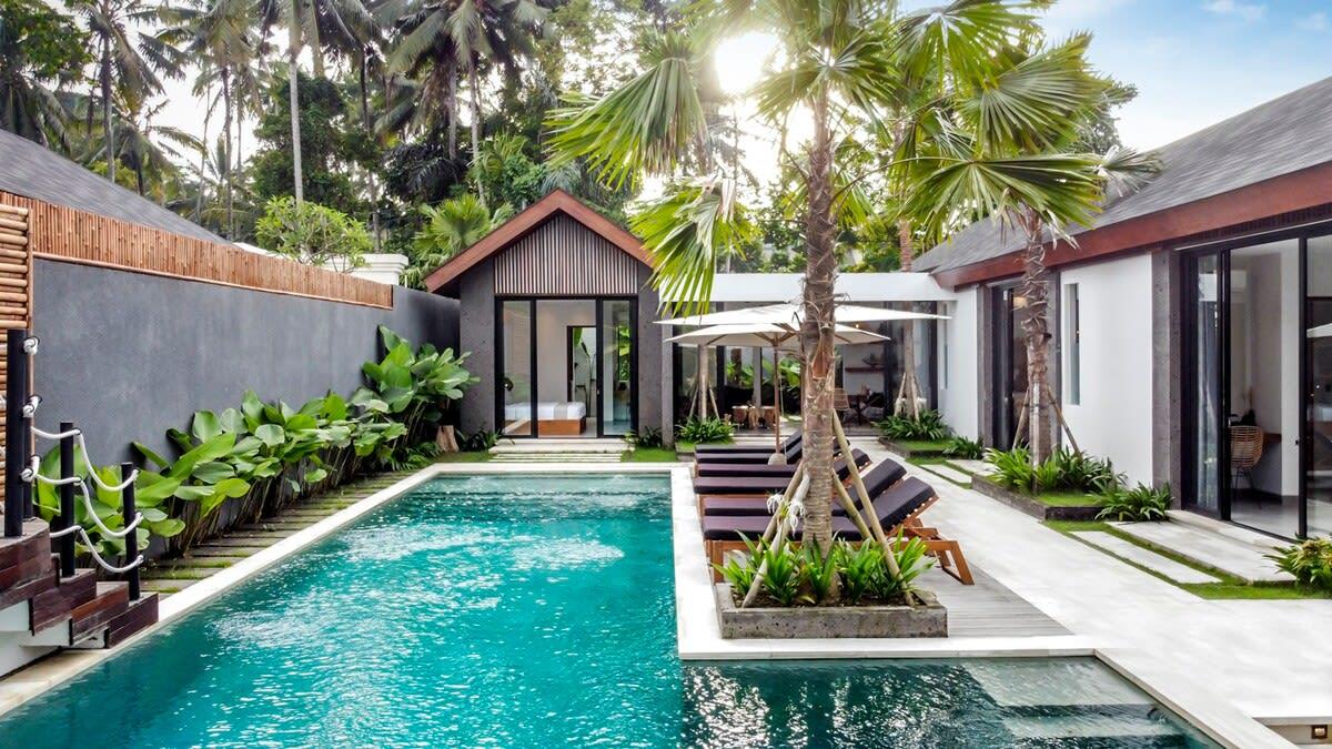 View of the villa’s pool and lounging area