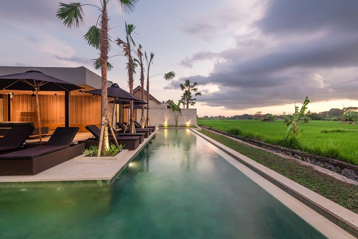 Pool area with rice field view