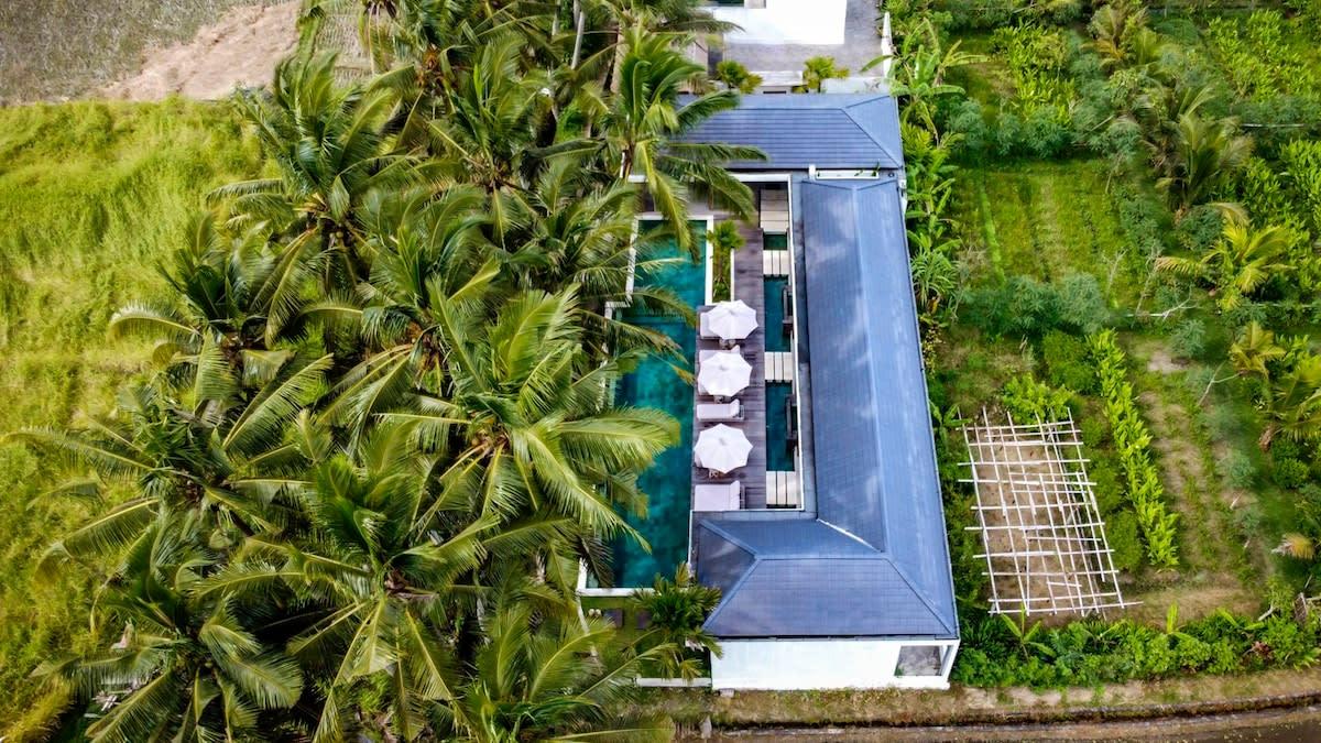 Drone view of the villa’s side and its natural surroundings 