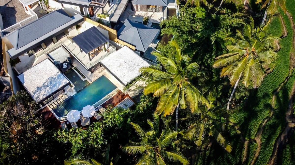 Drone view of the villa and its natural surroundings 