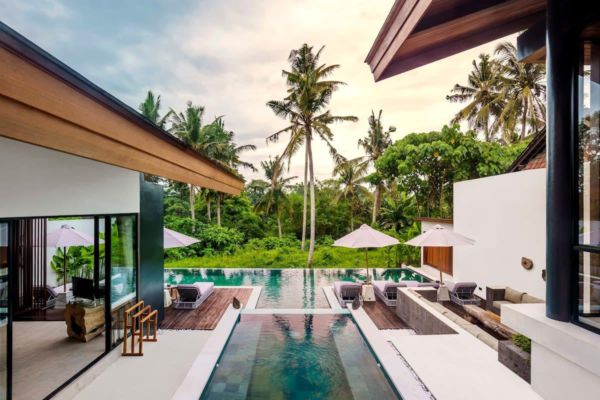 Entrance view of the property with the infinity pool