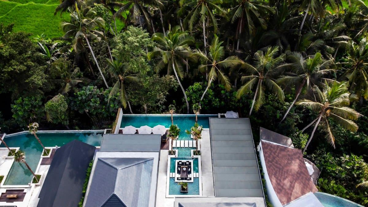 Drone view of the villa and its jungle surroundings 