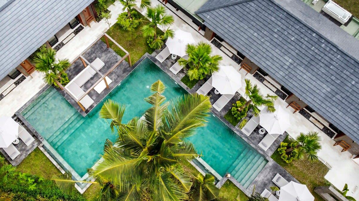 Drone view looking down at the entire villa 