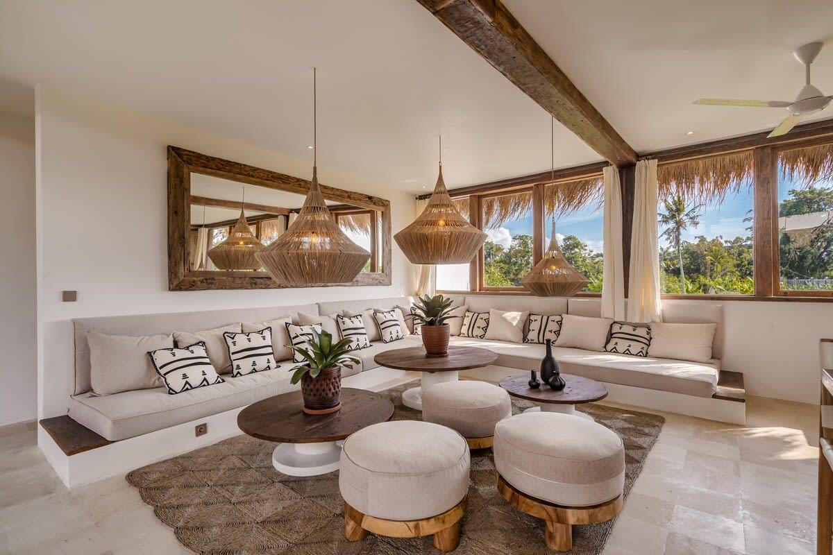 Living room with rice fields view