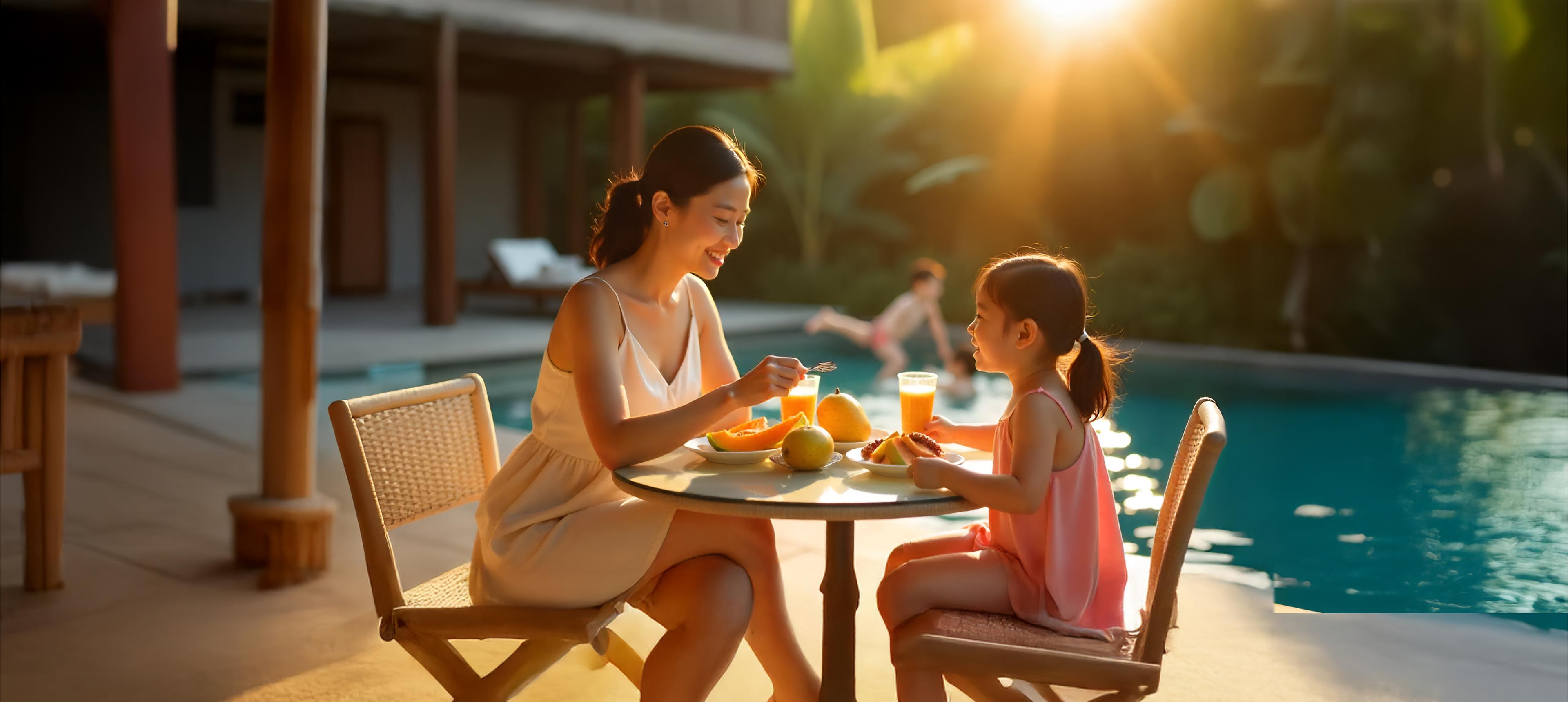 mom daughter tea time by the pool