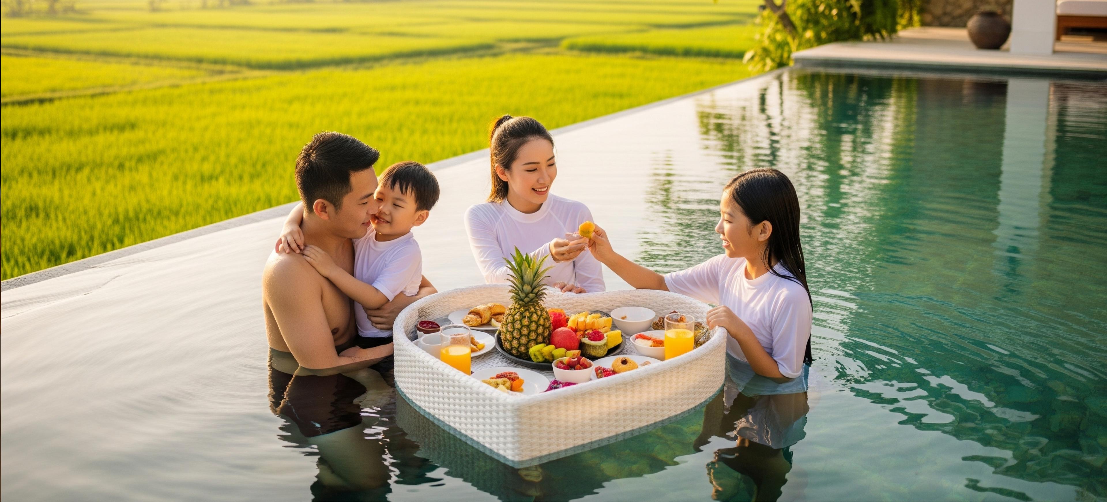 Family enjoying floating breakfast by the infinity pool during China Golden Week at a Bali villa.