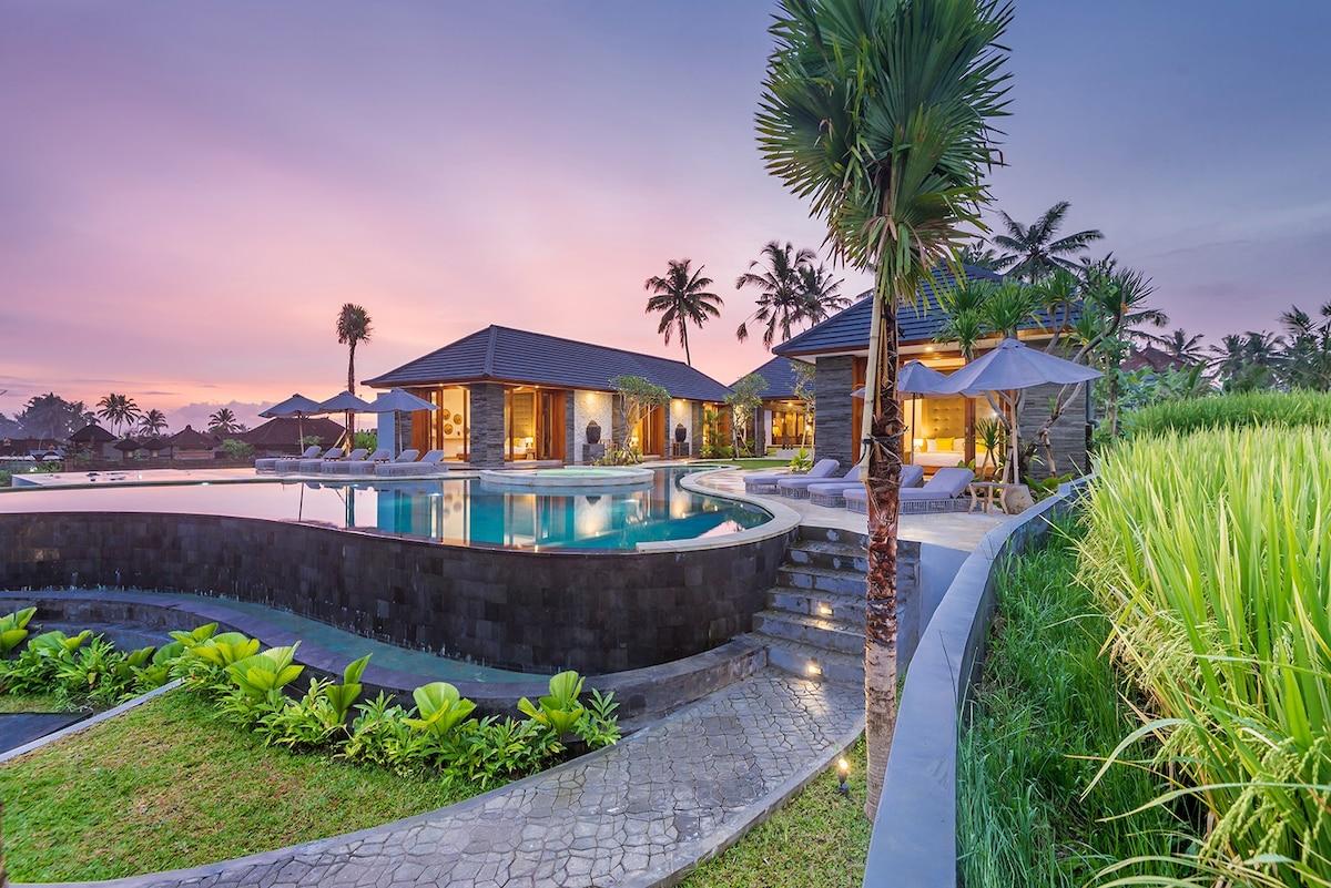 View of the villa and pool at nighttime