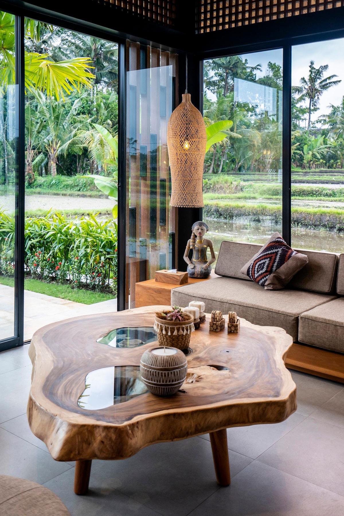 Inside sitting area with a rice field view 