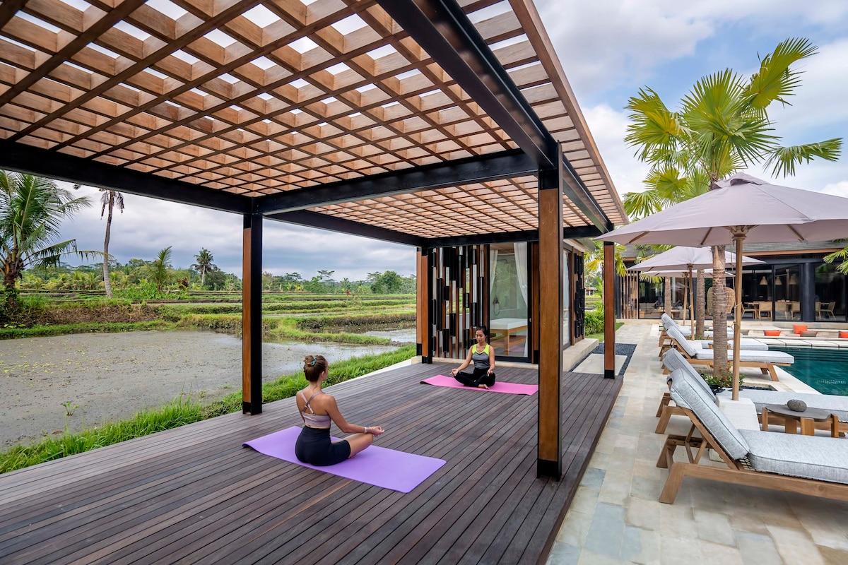 Yoga with rice fields view