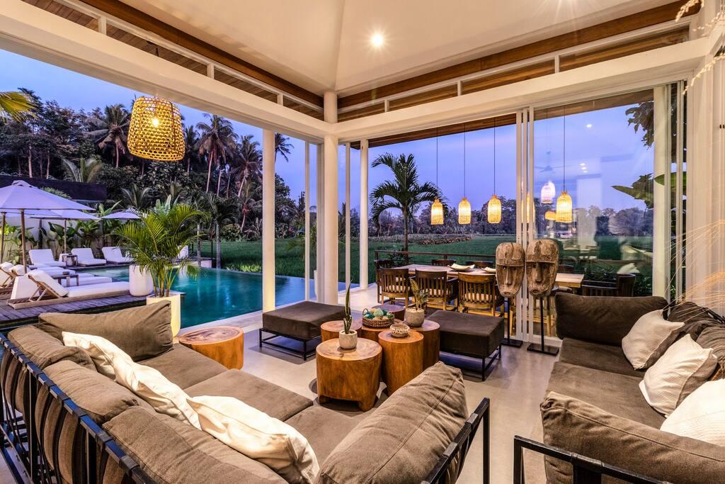 View of the interior sitting area overlooking the rice fields 