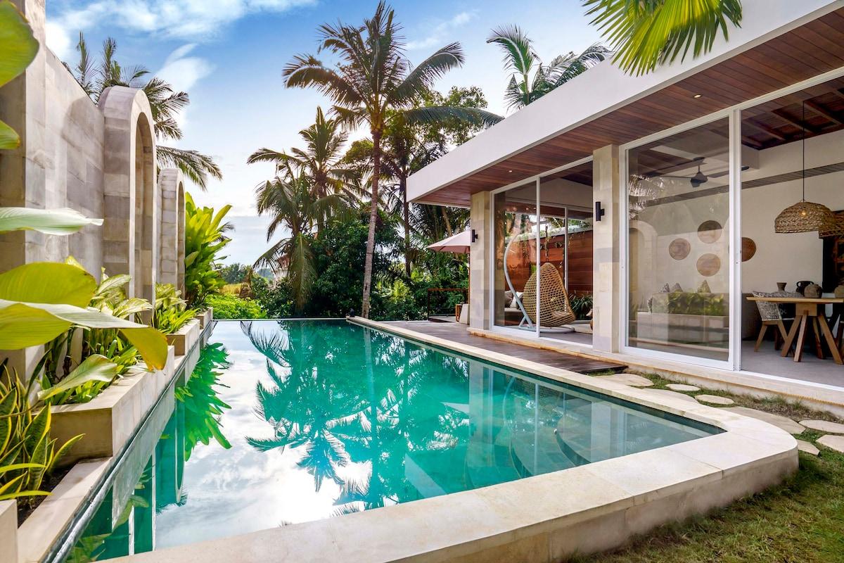Outside view of the villa’s pool and jungle panorama