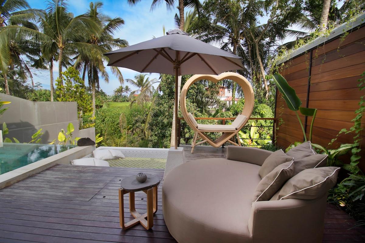 View of the heart-shaped outside sitting area and pool sofa 