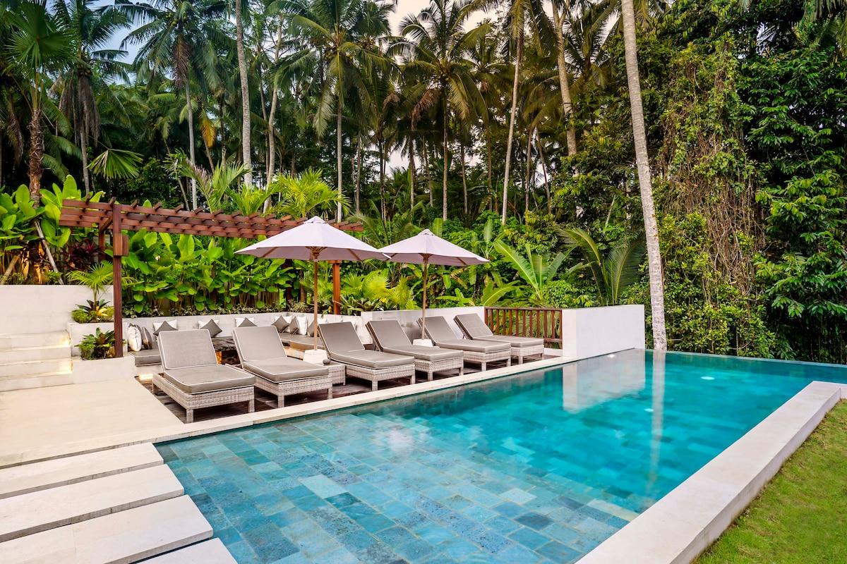 Pool area overlooking the coconut trees and jungle view